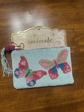 Beaded Butterfly Pouch- Light Blue and Pink